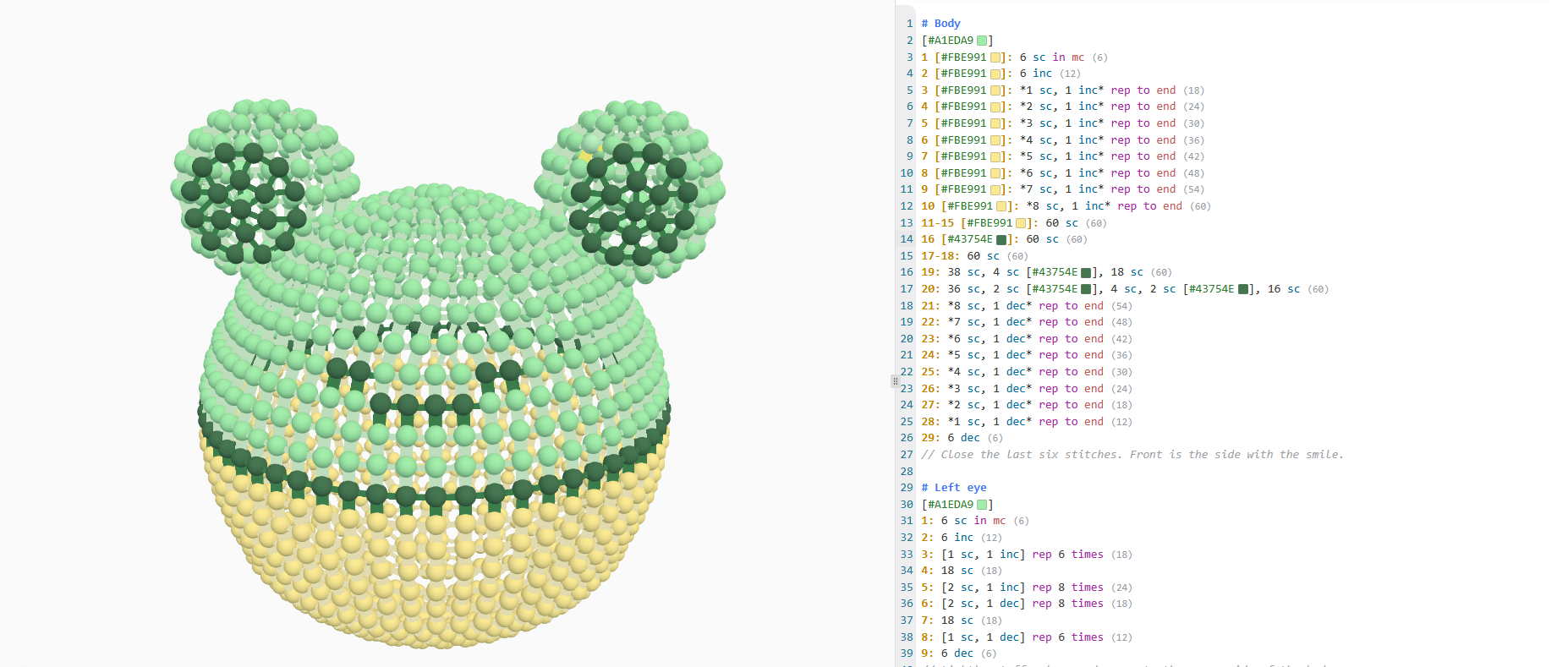 A 3D frog made of stitches in Yarnify3D.